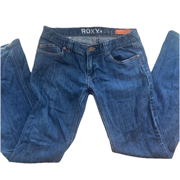 Roxy Jeans Sunset Beach Flare Fit Blue Denim Distressed Juniors Size 7 Low Rise - Picture 4 of 16